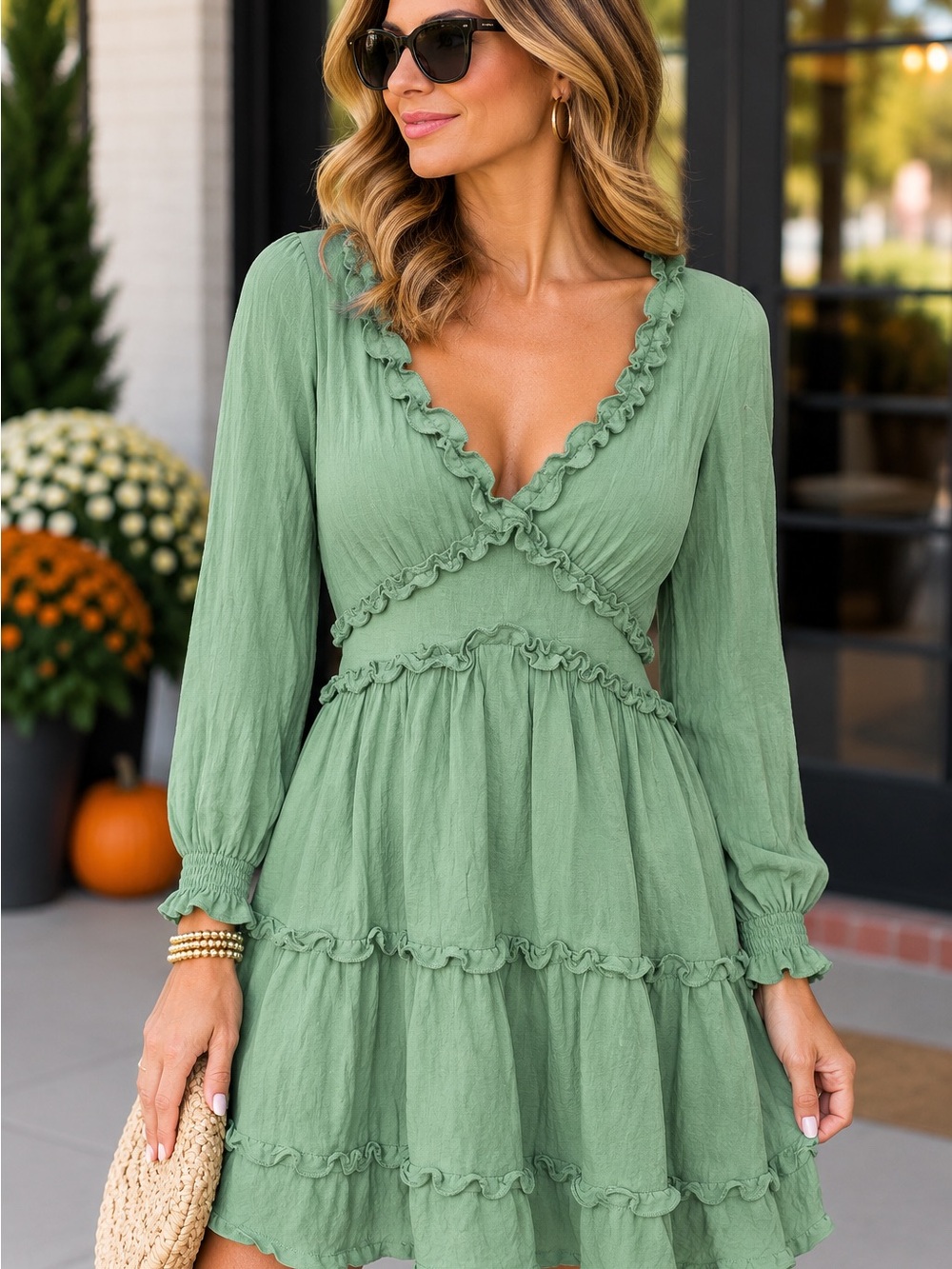 mi Ami Sage Green Ruffle Tiered Long Sleeve Mini Dress